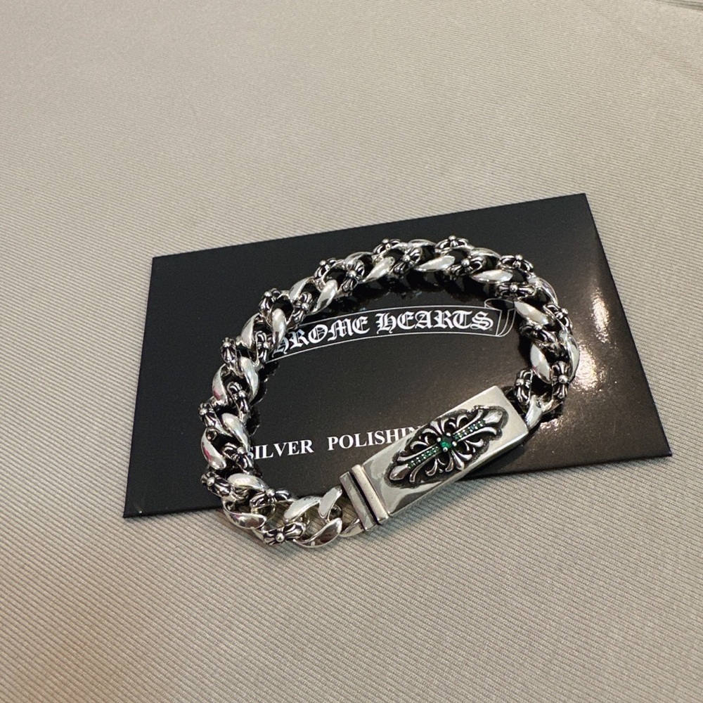 Chrome Hearts Floral Cross Green Stone ID Cuban Link Bracelet